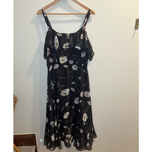 Evan Black Floral Midi Dress Size 18 Ruffle Sleeve NWT‎ High-Lo - Picture 2 of 8